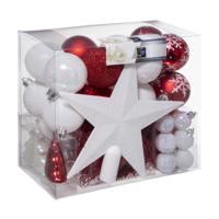 Kerstballen - 43x st - incl. ster piek - rood/wit - 3-6 cm - kunststof - kerstversiering