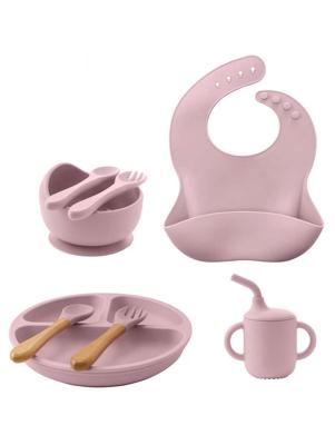 8PCS Children's Tableware Set Baby Dishes Sucker Plate Bowl Utensils Soft Silicone Cup Bibs Spoon Fork Sets Mother Kids Tableware Baby Items Baby Pink / one-size