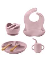 8PCS Children's Tableware Set Baby Dishes Sucker Plate Bowl Utensils Soft Silicone Cup Bibs Spoon Fork Sets Mother Kids Tableware Baby Items Baby Pink / one-size
