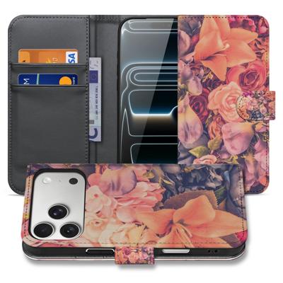 Book Case iPhone 17 Pro Max Bosje Bloemen Roze Oranje Paars
