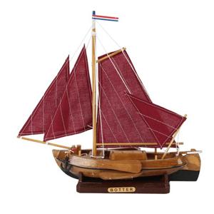 Decoratie miniatuur model Hollandse vissersboot met rode zeilen - 25 cm - miniatuur boot/boten