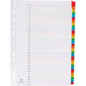 Pergamy tabbladen met indexblad, ft A4, 11-gaatsperforatie, geassorteerde kleuren, set 1-31 10 stuks