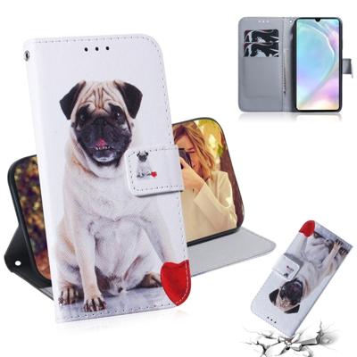 Mopshond patroon gekleurde tekening horizontale Flip lederen case voor Huawei P30 met houder & card slots & portemonnee