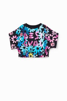 Cropped T-shirt met bloemen - BLACK - 3/4