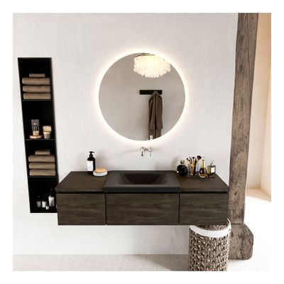 Mondiaz Bukla 140cm badmeubel met module 40 kleur dark brown met 3 lades en wastafel midden zonder kraangat kleur urban
