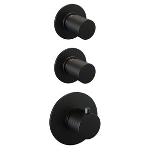 Regendoucheset Inbouw Brauer Black Carving Thermostatisch 20cm met Gebogen Wandarm, Glijstang en Handdouche 3-Standen Losse Stopkranen Mat Zwart