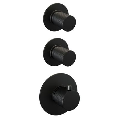 Regendoucheset Inbouw Brauer Black Carving Thermostatisch 20cm met Gebogen Wandarm, Glijstang en Handdouche 3-Standen Losse Stopkranen Mat Zwart