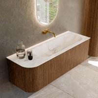 Mondiaz KURVE-DLUX 135 cm Onderkast Greeploos 1 Lade Met Deuren Walnut, Wastafel Solid Surface Rechts Frappe 0 Kraangaten Zonder Spiegel (KRVBGM135L1L1D0KR-Wal/Fra)