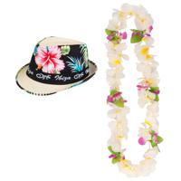 Hawaii thema party verkleedset - Trilby strohoedje - bloemenkrans wit/geel - Tropical toppers - thumbnail