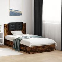 Bedframe met hoofdbord bewerkt hout gerookt eiken 75x190 cm