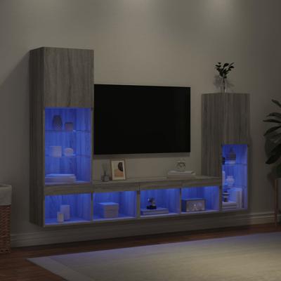 4-delige Tv-wandmeubelset met LED bewerkt hout grijs sonoma