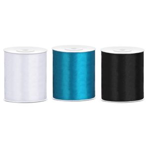 3x rollen hobby decoratie satijnlint zwart-wit-turquoise blauw 10 cm x 25 meter