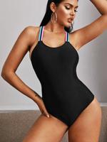 Solid Color Open Back Cross-strap One-piece Swimsuit