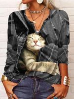 Casual Christmas Plaid Cat Long sleeve V Neck T-Shirt - thumbnail