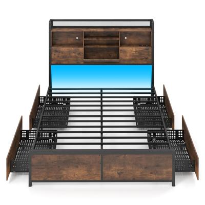 Bedframe met Ledverlichting en Oplaadstation Industrieel Platformbed met Opbergbaar Hoofdeinde en 4 Lades Geruisloze Matrasbodem met Metalen Latten-140 cm