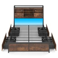 Bedframe met Ledverlichting en Oplaadstation Industrieel Platformbed met Opbergbaar Hoofdeinde en 4 Lades Geruisloze Matrasbodem met Metalen Latten-140 cm