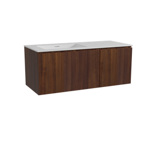 Storke Ribs zwevend badmeubel 120 x 52 cm notenhout met Mata asymmetrisch linkse wastafel in solid surface mat wit, Verticale symmetrische rechte ribbel