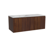 Storke Ribs zwevend badmeubel 120 x 52 cm notenhout met Mata asymmetrisch linkse wastafel in solid surface mat wit, Verticale symmetrische rechte ribbel