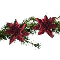 2x stuks kerstboom decoratie glitter bloemen op clip donkerrood 8 cm - thumbnail