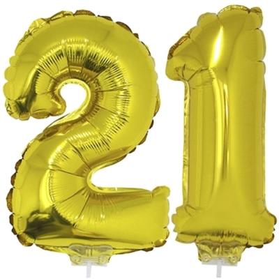 21 jaar leeftijd versiering cijfers - verjaardag - ballonnen op stokje - van 41 cm - goud 21 jaar leeftijd versiering cijfers - verjaardag - ballonnen op stokje - van 41 cm - goud