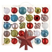 Kerstballen 30x st - gekleurd - 6 cm - met ster piek rood - kunststof - thumbnail