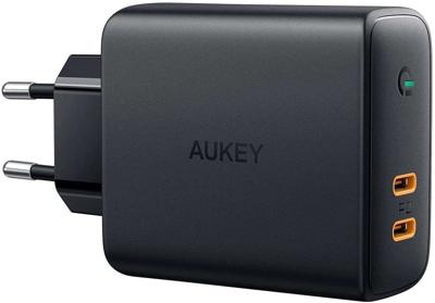 AUKEY PA-D5 GaN oplader voor mobiele apparatuur Zwart 2xUSB C Power Delivery 3.0 63W 6A Dynamic Detect
