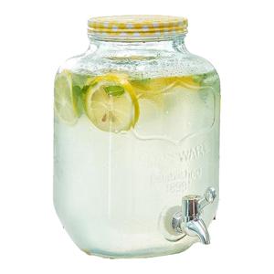 Drankdispenser/limonadetap - met tapje - glas - 4 liter - geel/wit geblokte dop - 15 x 26 cm