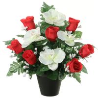 Kunstbloemen plantje in pot - wit/rood - 28 cm - Bloemstuk ornament - rood/bladgroen