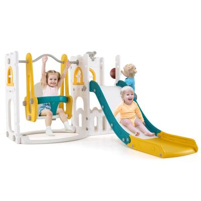 7 in 1 L-Vormige Peuterschommel- en Glijbaan Set Vrijstaande Kinderglijbaan Set met Schommel Geel + Groen