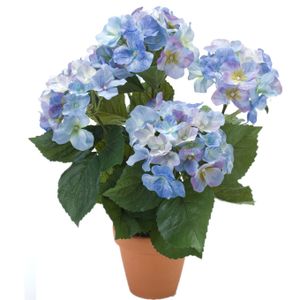 Blauwe hortensia Hydrangea Macrophylla kunstplant in terracotta pot 40 cm