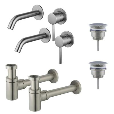 Fortifura Calvi Slim Wastafelkraanset - voor dubbele wastafel - inbouw wastafelkraan - always open plug - verlaagde design sifon - Geborsteld RVS PVD (RVS) 2x SW377860/2x SW696207/2x SW696217