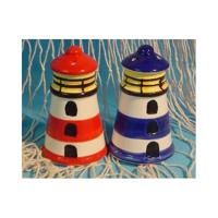Peper en zout stel - keramiek - 8 cm - vuurtoren design - Maritiem - blauw en rood