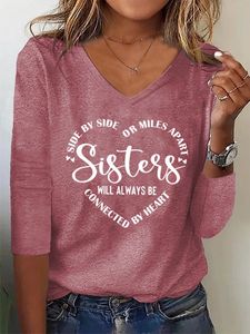 Women Sister Text Letters Regular Fit Casual V Neck T-Shirt