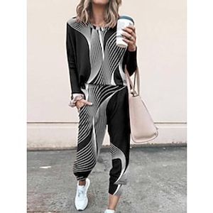 Dames Sets 2-delig Abstract Casual Comfortabel Huis Dagelijks Polyester Ademend Strakke ronde hals Lange mouw Pullover Pantalon Zak Herfst Winter Zwart Wit Lightinthebox
