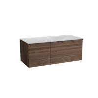 Balmani Forma zwevend badmeubel 120 x 55 cm amerikaans notenhout met Tablo Arcato asymmetrisch rechtse wastafel in solid surface mat wit, Horizontale symmetrische rechte ribbel