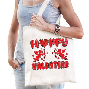 Cadeau tasje valentijn - Happy Valentine - naturel wit - katoen - 42 x 38 cm - Feest Boodschappentassen