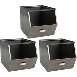 Stapelbare opbergmand Open Metal Box - 3x - L23 x B32 x H21 cm - metaal - donkergrijs