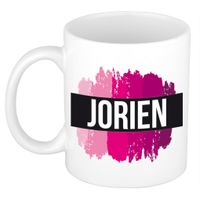Naam cadeau mok / beker Jorien met roze verfstrepen 300 ml - thumbnail