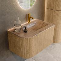 Badmeubel Mondiaz Kurve-Dlux | 75 cm | Meubelkleur Oak | Wastafelkleur Arena | Solid surface | Wasbak rechter zijde spoelbak | 1 kraangat