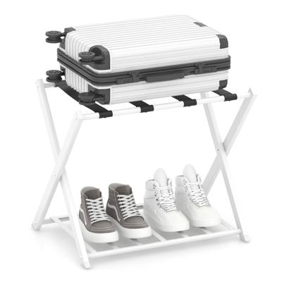 Opvouwbaar Bagagerek Bagagerek met 2 Niveaus Stevig Metalen Bagagerek Stevige Nylon Riemen voor Slaapkamer Kledingkast Wit