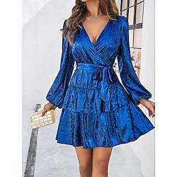 Dames Meerlaags Strik Taille jurk Mini-jurk Pofmouw Elegant Klassiek Effen V-hals Lange mouw Bruiloft gast Cocktailparty Lente Herfst Zwart blauw Lightinthebox