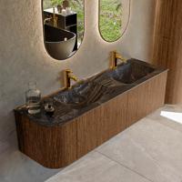 Mondiaz KURVE-DLUX 155 cm Onderkast Greeploos 2 Lades Met Deuren Walnut, Wastafel Solid Surface Rechts Lava 2 Kraangaten Zonder Spiegel (KRVLEA155L2L1D2KD-Wal/Lav)