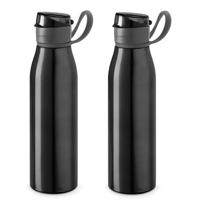 Aluminium waterfles/drinkflesmet klepdop en handvat - 2x - zwart - 650 ml - Sportfles - Bidon