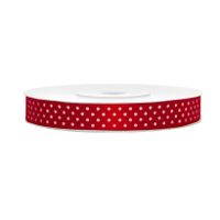 1x Hobby/decoratie rood satijnen sierlinten met witte stippen 1,2 cm/12 mm x 25 meter