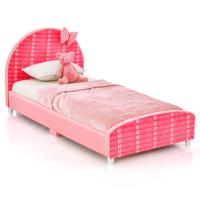 Kinderbed met 4 Verstelbare Voeten Modern Bedframe met Knooppatronen Zacht Hoofdbord 152 x 77 x 70 cm Roze