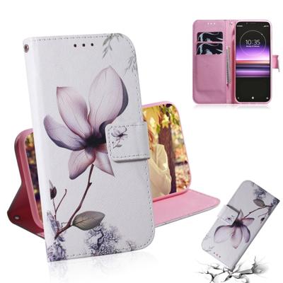 Magnolia bloem patroon gekleurde tekening horizontale Flip lederen case voor Sony Xperia 1 met houder & kaartsleuven & portemonnee
