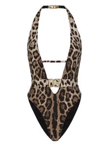 Dolce & Gabbana leopard-print logo-lettering swimsuit - Marron