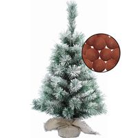 Mini kerstboom besneeuwd -incl. verlichting bollen terracotta bruin- H60 cm - thumbnail