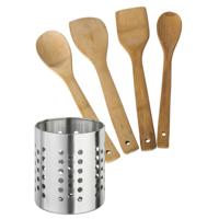 Secret de Gourmet Keukengerei - houten spatels set 4-delig - RVS houder - Keuken pollepels/spatel