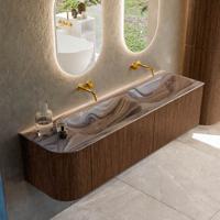 Badmeubel Mondiaz Kurve-Dlux | 165 cm | Meubelkleur Walnut | Wastafelkleur Sombra | Solid surface | Dubbel / Rechts spoelbak | Zonder kraangat(en)